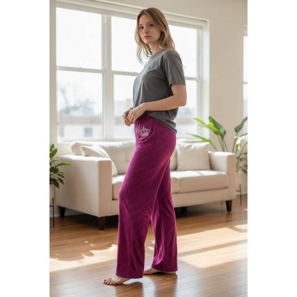 Juicy Couture Womens Logo Print Pajama Pants With Rhinestone Crown Size L Purple